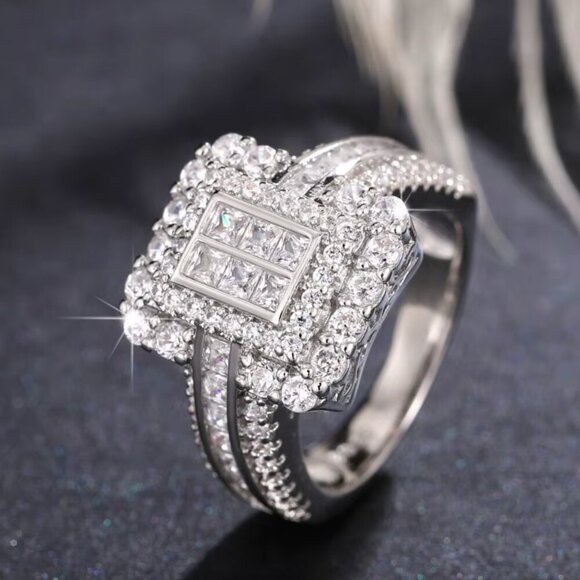 18k White Gold Diamond Ring Pave Diamond Princess Cut Ring - Picture 6 of 10